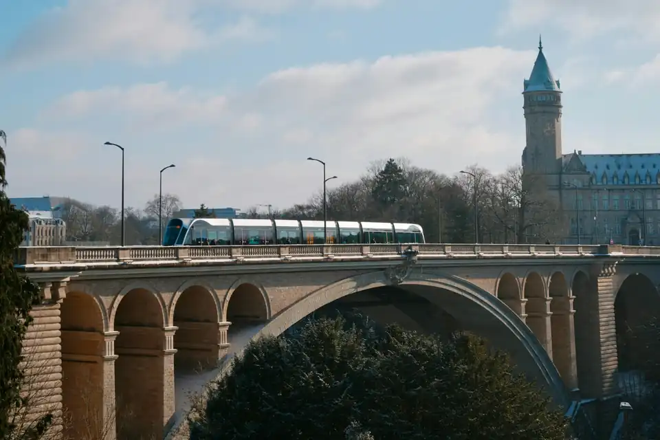 Tram crossing the Adolphe Bridge towards Ville Haute