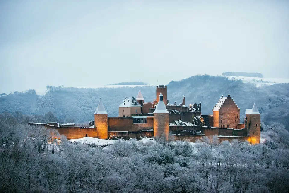 Bourscheid castle in a snowy landscape
