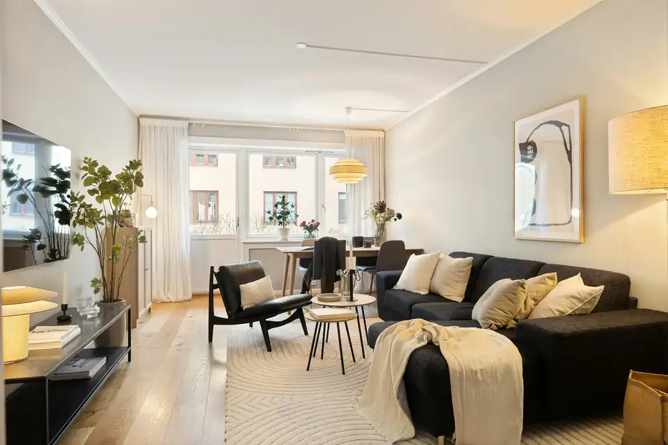 Modern furnished living room with a black sofa