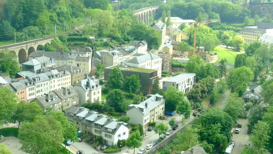 Aerial view of houses and gardens in the lower town of Luxembourg City