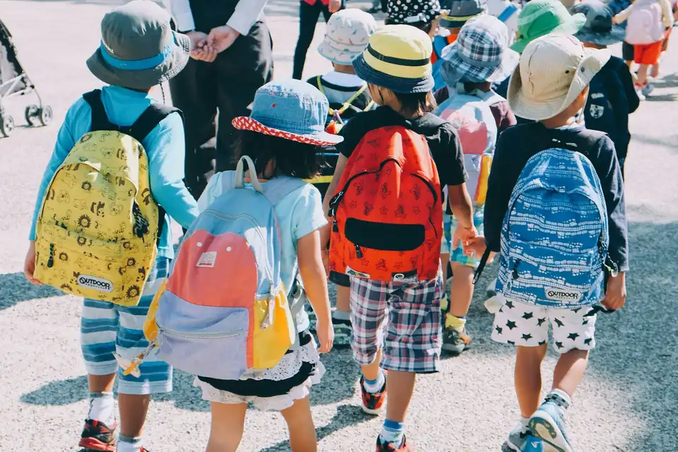 Children with backpacks walking together