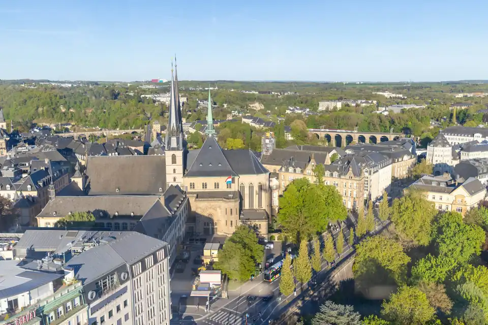 Aerial view of Notre-Dame Cathedral and the rooftops of Ville Haute, Luxembourg City