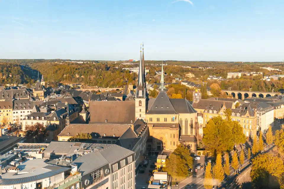 Notre-Dame Cathedral and Ville Haute rooftops in autumn, Luxembourg City