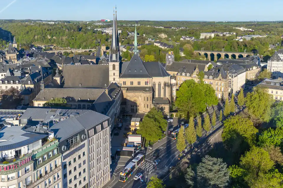 Notre-Dame Cathedral and Ville Haute with a viaduct in the distance, Luxembourg City